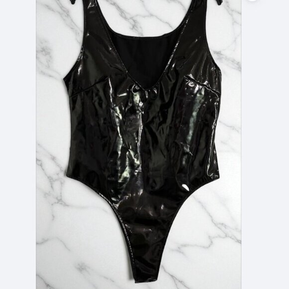 Elegant Women’s Black Shiny Bodysuit One-Piece Swimsuit with Thin Straps - Picture 2 of 8